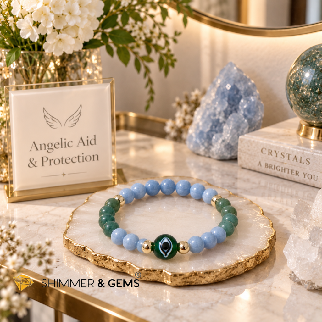 Angelic Aid & Protection Bracelet (6mm Angelite, Burma Jade, Evil Eye Bead & 14k gold filled)