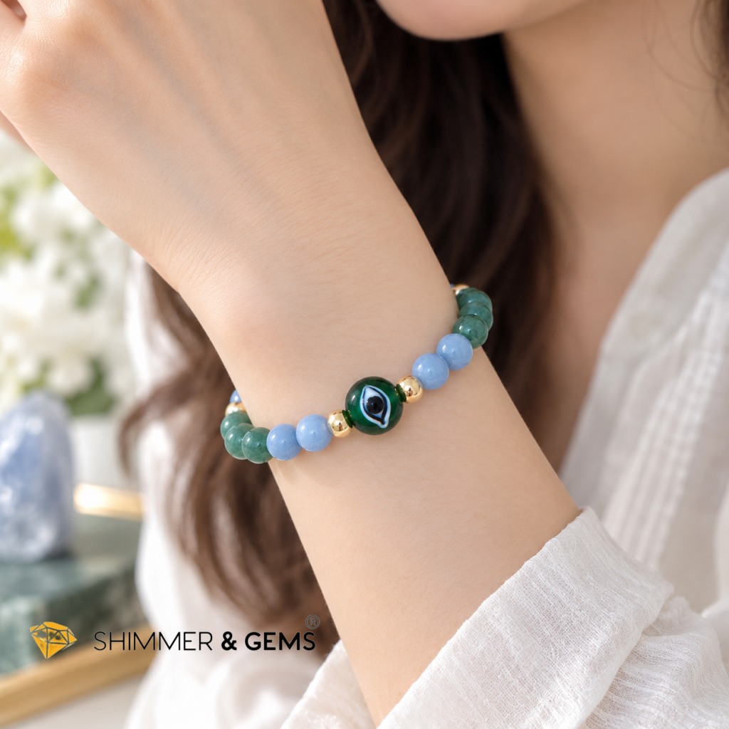 Angelic Aid & Protection Bracelet (6mm Angelite, Burma Jade, Evil Eye Bead & 14k gold filled)