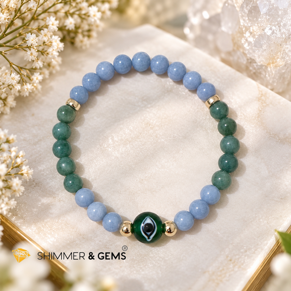 Angelic Aid & Protection Bracelet (6mm Angelite, Burma Jade, Evil Eye Bead & 14k gold filled)