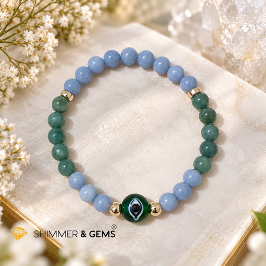 Angelic Aid & Protection Bracelet (6mm Angelite, Burma Jade, Evil Eye Bead & 14k gold filled)