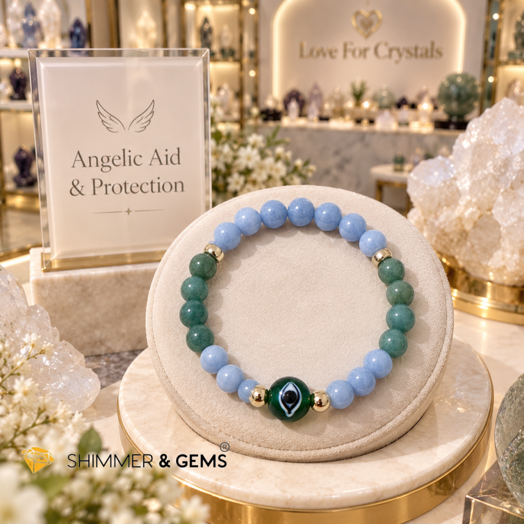 Angelic Aid & Protection Bracelet (6mm Angelite, Burma Jade, Evil Eye Bead & 14k gold filled)