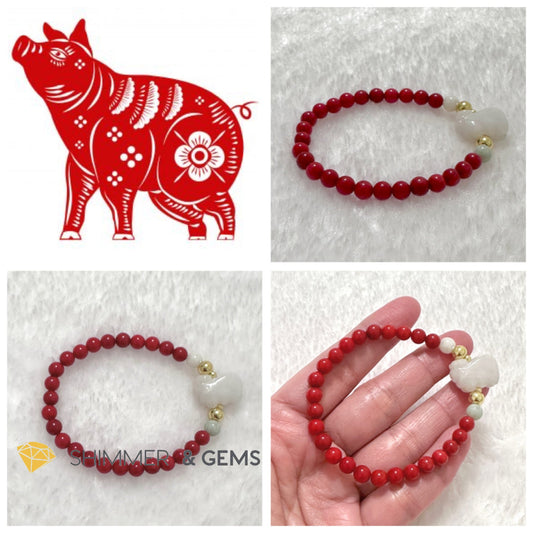 Animal Zodiac BOAR Burma Jade with Red Coral Bracelet (Feng Shui 2024)