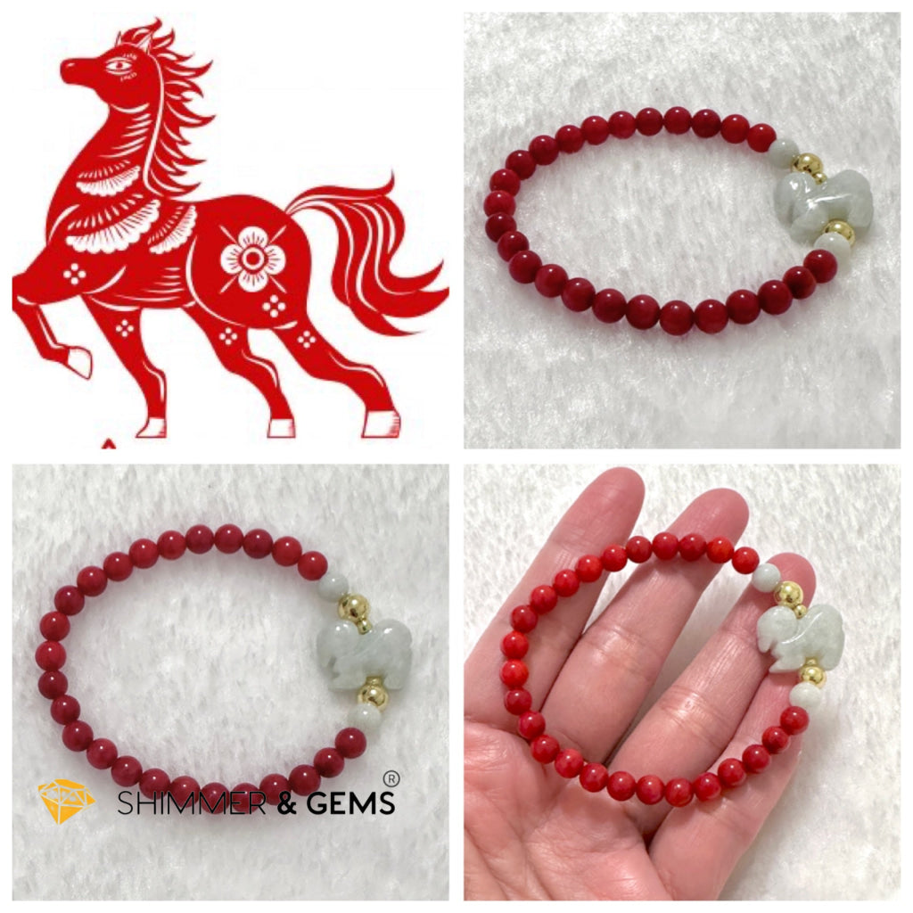 Animal Zodiac HORSE Burma Jade with Red Coral Bracelet (Feng Shui 2024)