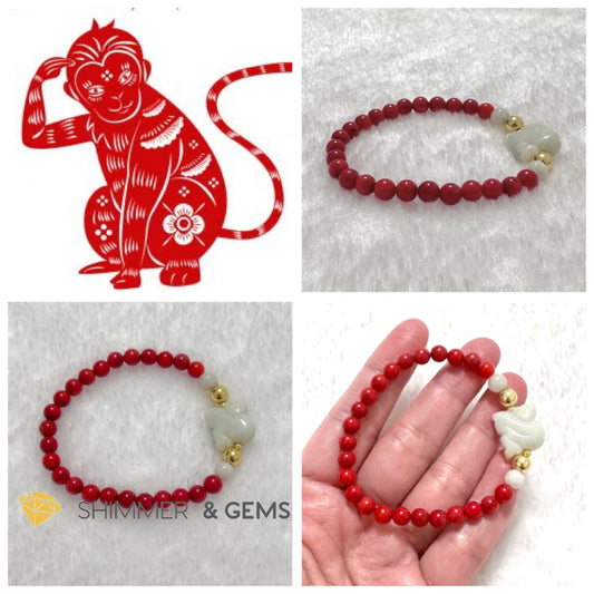 Animal Zodiac MONKEY Burma Jade with Red Coral Bracelet (Feng Shui 2024)