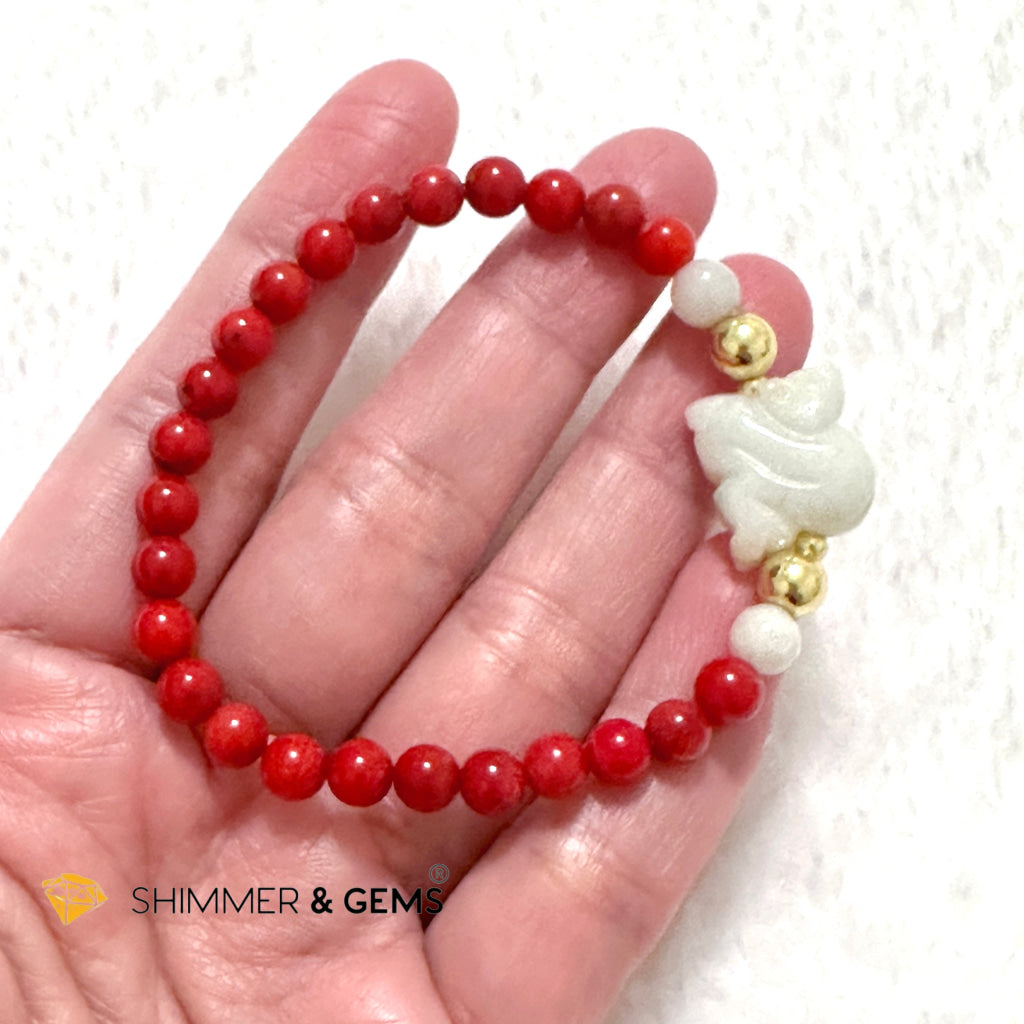 Animal Zodiac MONKEY Burma Jade with Red Coral Bracelet (Feng Shui 2024)