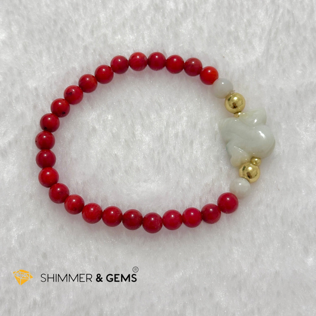 Animal Zodiac MONKEY Burma Jade with Red Coral Bracelet (Feng Shui 2024)