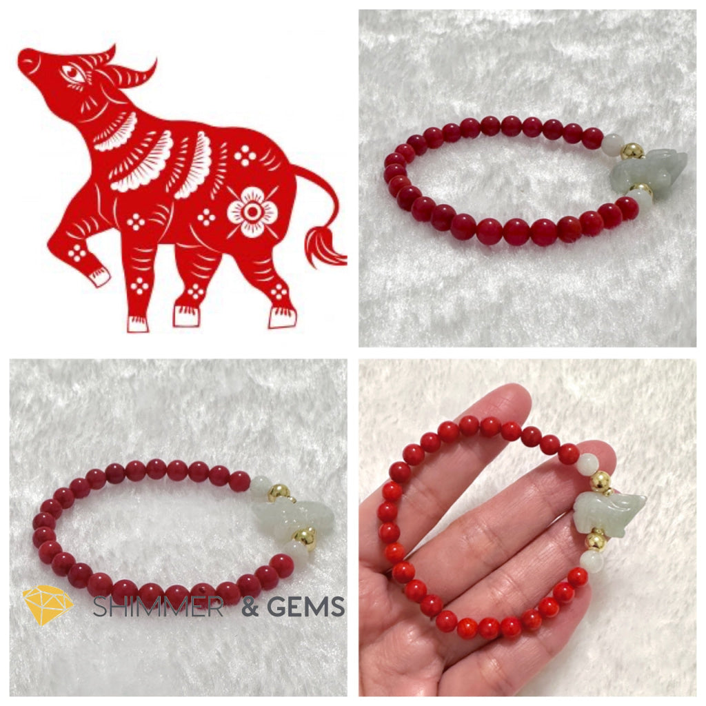 Animal Zodiac OX Burma Jade with Red Coral Bracelet (Feng Shui 2024)