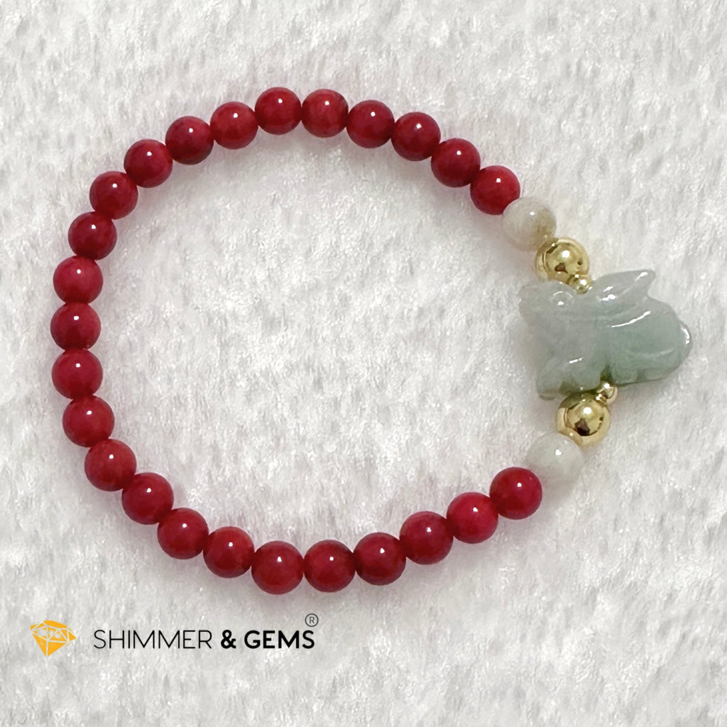 Animal Zodiac RABBIT Burma Jade with Red Coral Bracelet (Feng Shui 2024)