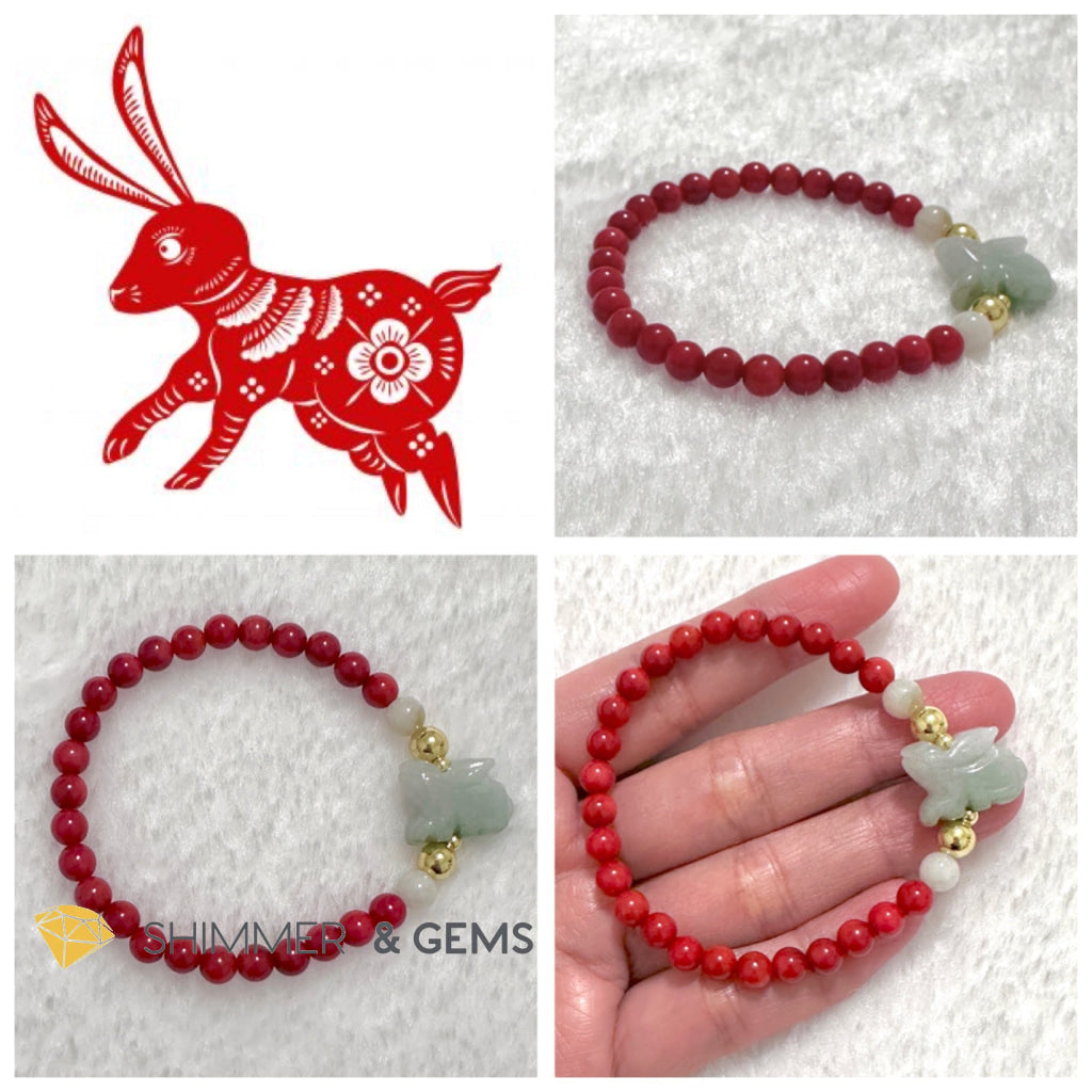 Animal Zodiac RABBIT Burma Jade with Red Coral Bracelet (Feng Shui 2024)