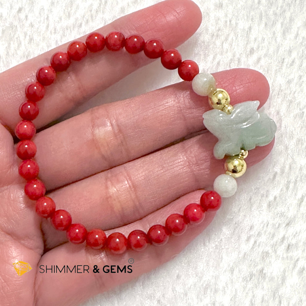 Animal Zodiac RABBIT Burma Jade with Red Coral Bracelet (Feng Shui 2024)