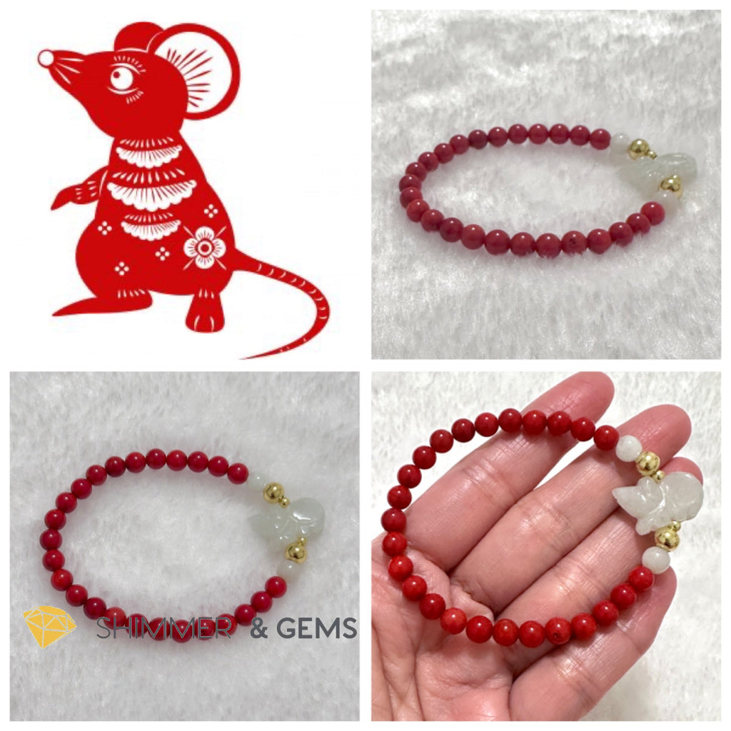 Animal Zodiac RAT Burma Jade with Red Coral Bracelet (Feng Shui 2024)