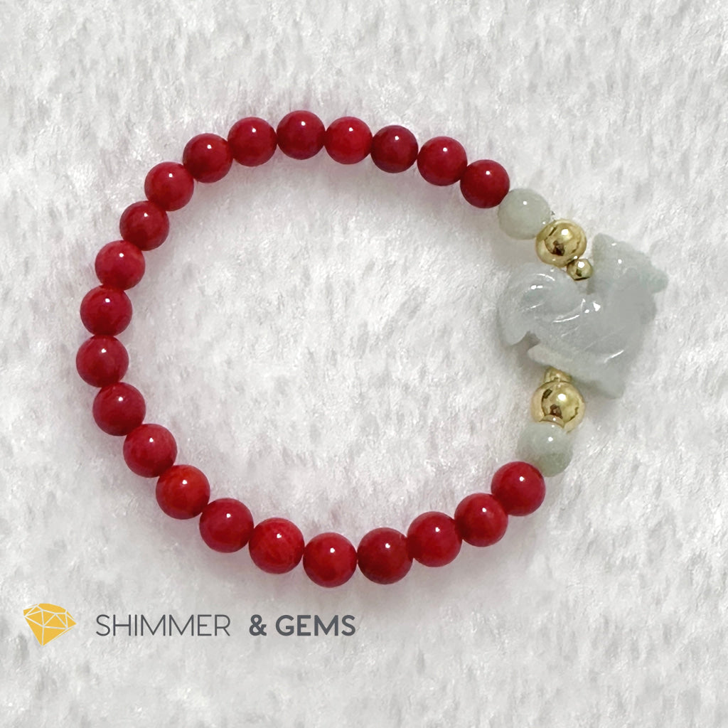 Animal Zodiac ROOSTER Burma Jade with Red Coral Bracelet (Feng Shui 2024)