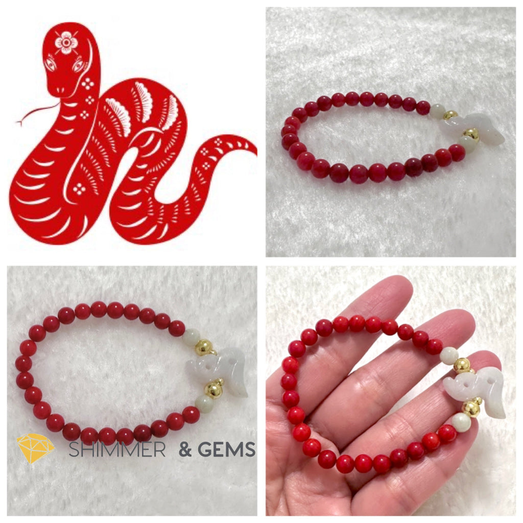 Animal Zodiac SNAKE Burma Jade with Red Coral Bracelet (Feng Shui 2024)