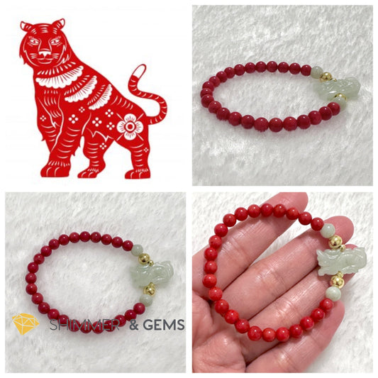 Animal Zodiac TIGER Burma Jade with Red Coral Bracelet (Feng Shui 2024)