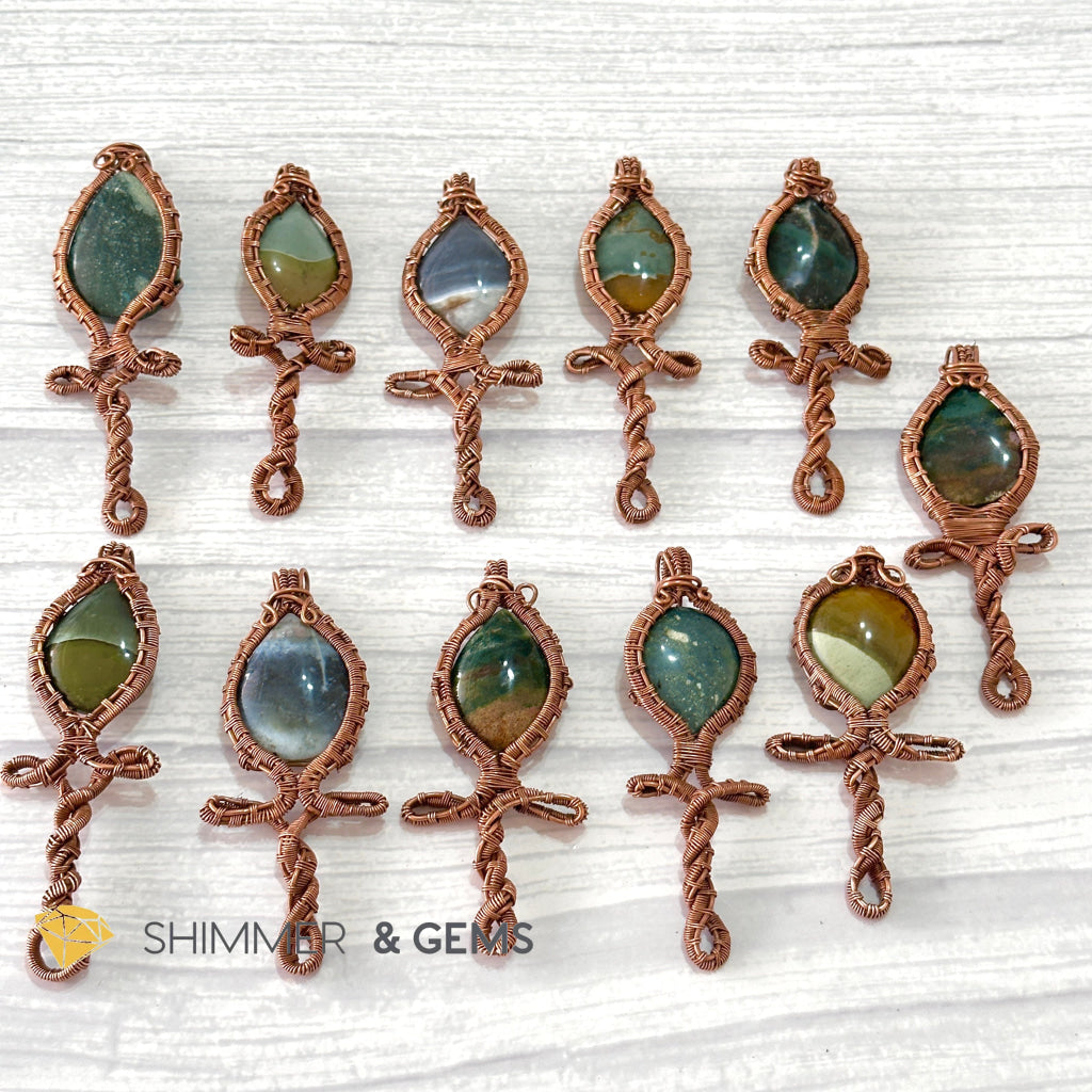 Ankh Desert Jasper Wire-wrapped Wand Pendant (80-90mm)