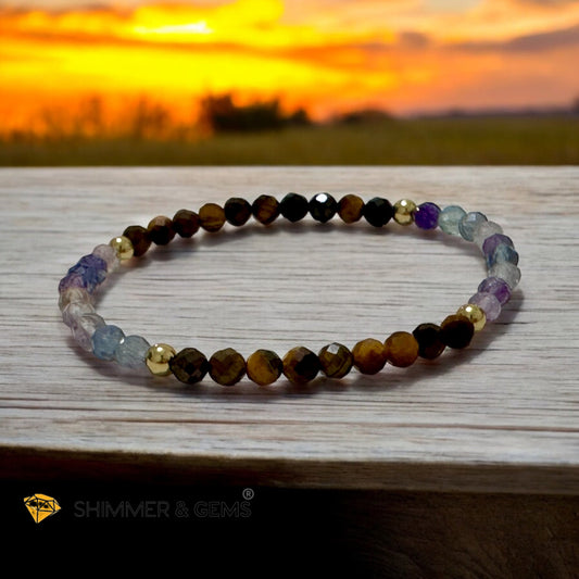 Anxiety Shield Bracelet (Fluorite and Tiger’s Eye 4mm Faceted with Stainless Steel Beads)