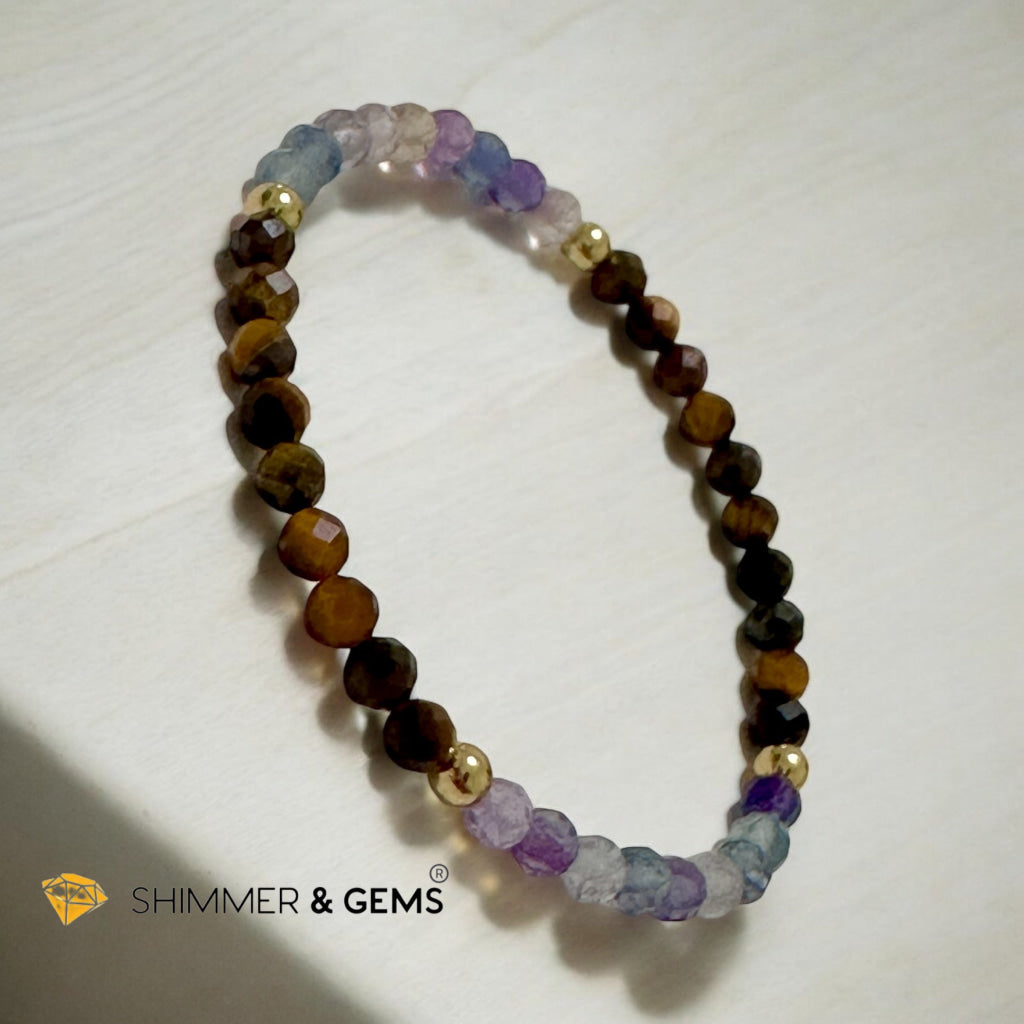 Anxiety Shield Bracelet (Fluorite and Tiger’s Eye 4mm Faceted with Stainless Steel Beads)