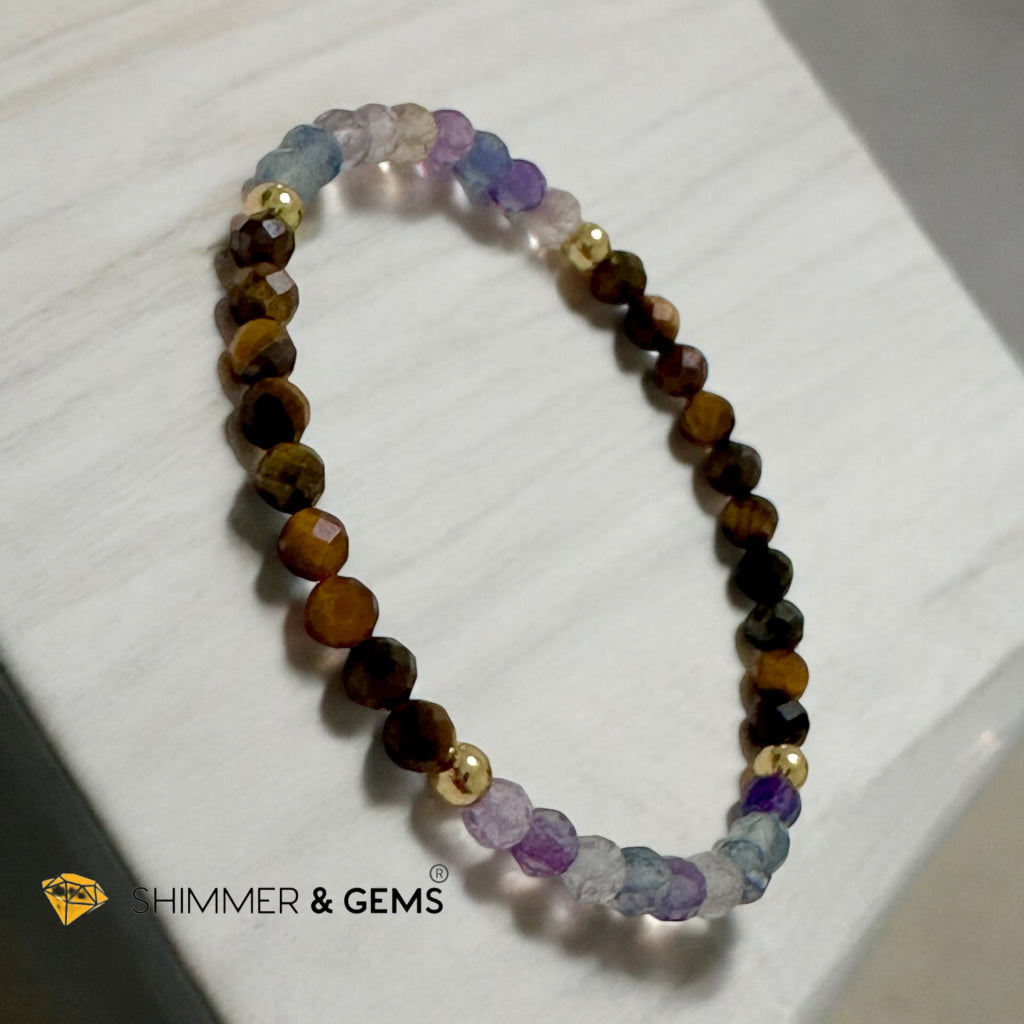 Anxiety Shield Bracelet (Fluorite and Tiger’s Eye 4mm Faceted with Stainless Steel Beads)