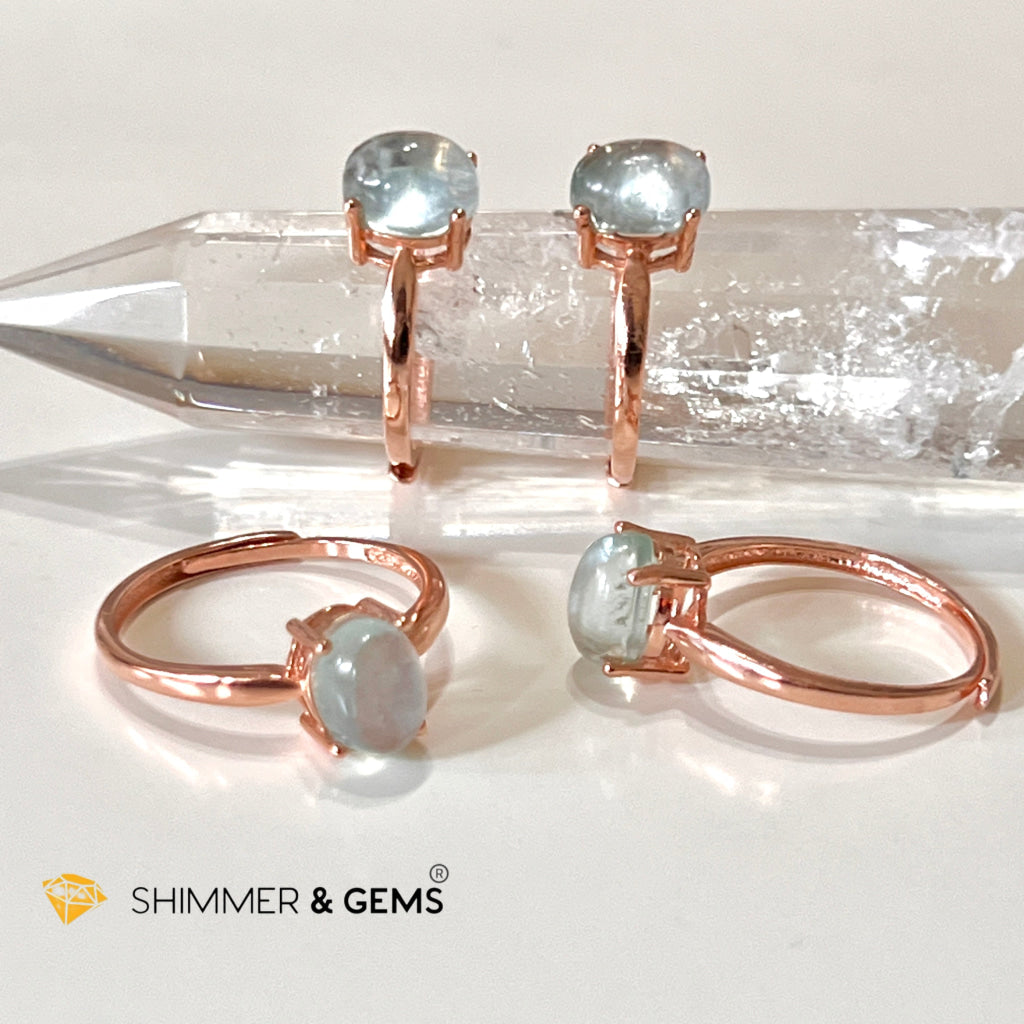 Aquamarine 925 Silver Ring (Rose Gold) Adjustable Size Rings