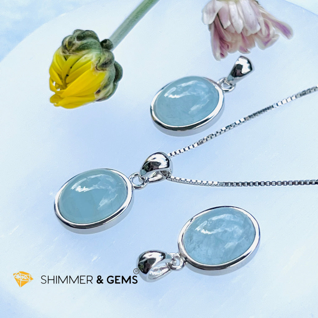 Aquamarine Oval Pendant (10X12Mm) 925 Silver (Wealth Activator) Aaa Grade Charms & Pendants