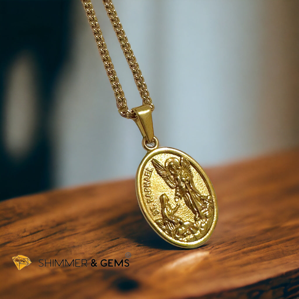 Archangel Raphael Oval 18k Gold Plated Stainless Steel Pendant with Chain (26mm)