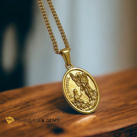 Archangel Raphael Oval 18k Gold Plated Stainless Steel Pendant with Chain (26mm)