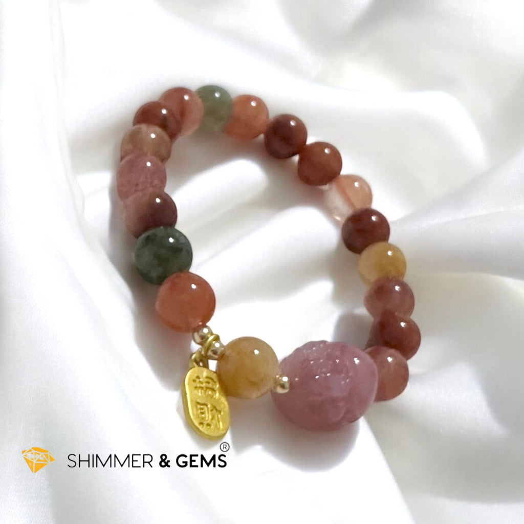 Attract Fortune Mixed Rutilated Quartz Bracelet with Pink Agate Pixiu, 14k gold beads and Copper Charm