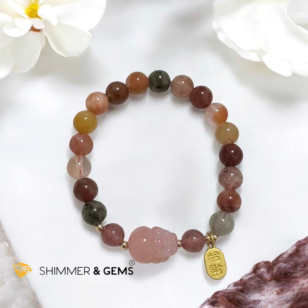 Attract Fortune Mixed Rutilated Quartz Bracelet with Pink Agate Pixiu, 14k gold beads and Copper Charm