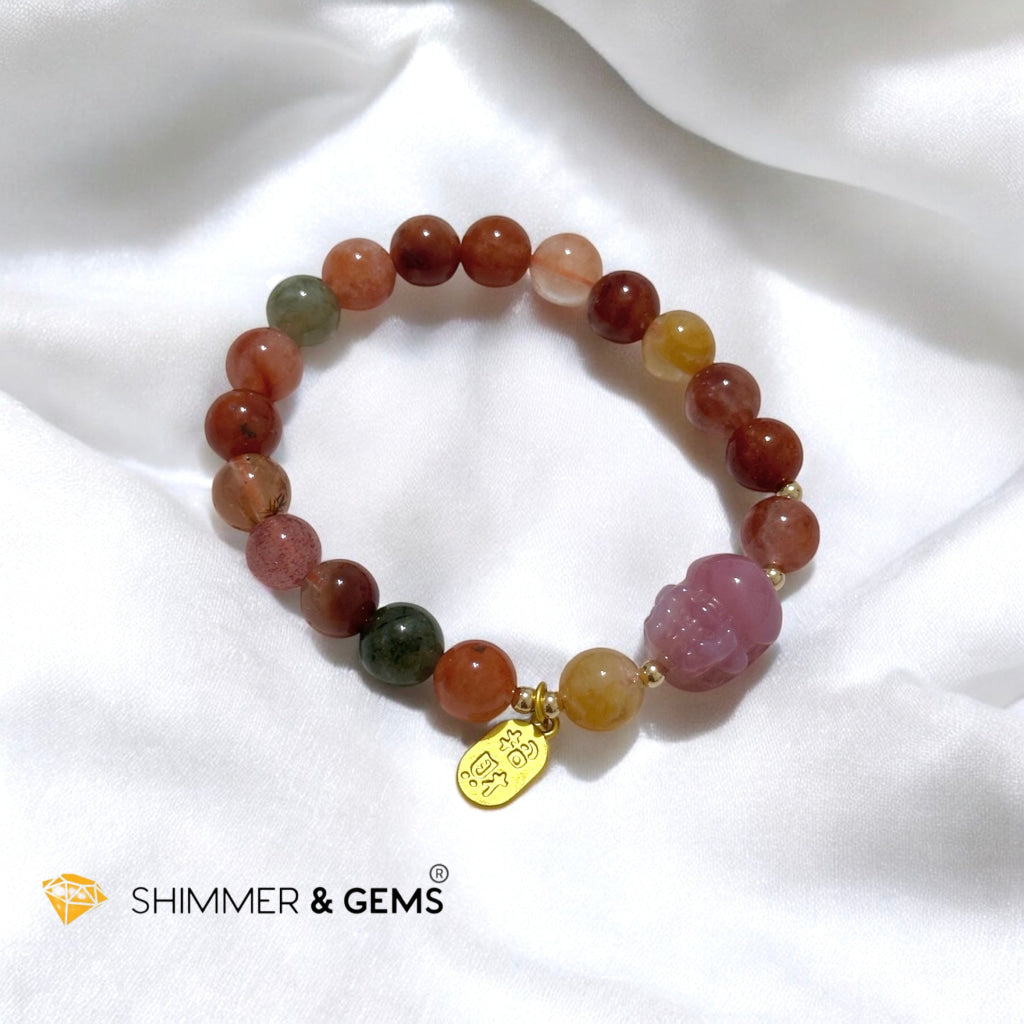 Attract Fortune Mixed Rutilated Quartz Bracelet with Pink Agate Pixiu, 14k gold beads and Copper Charm