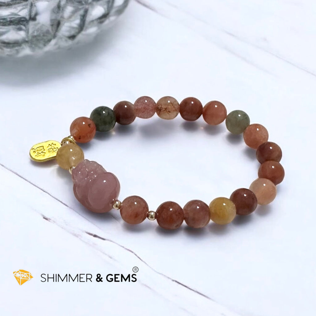 Attract Fortune Mixed Rutilated Quartz Bracelet with Pink Agate Pixiu, 14k gold beads and Copper Charm