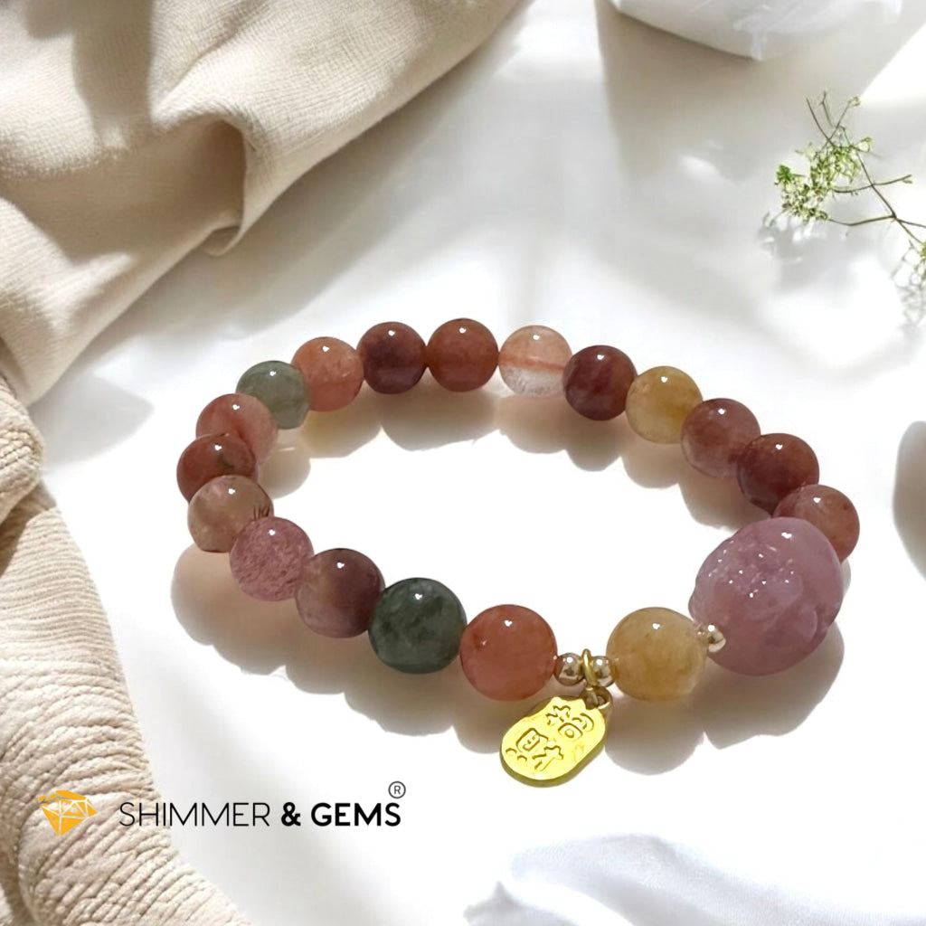 Attract Fortune Mixed Rutilated Quartz Bracelet with Pink Agate Pixiu, 14k gold beads and Copper Charm