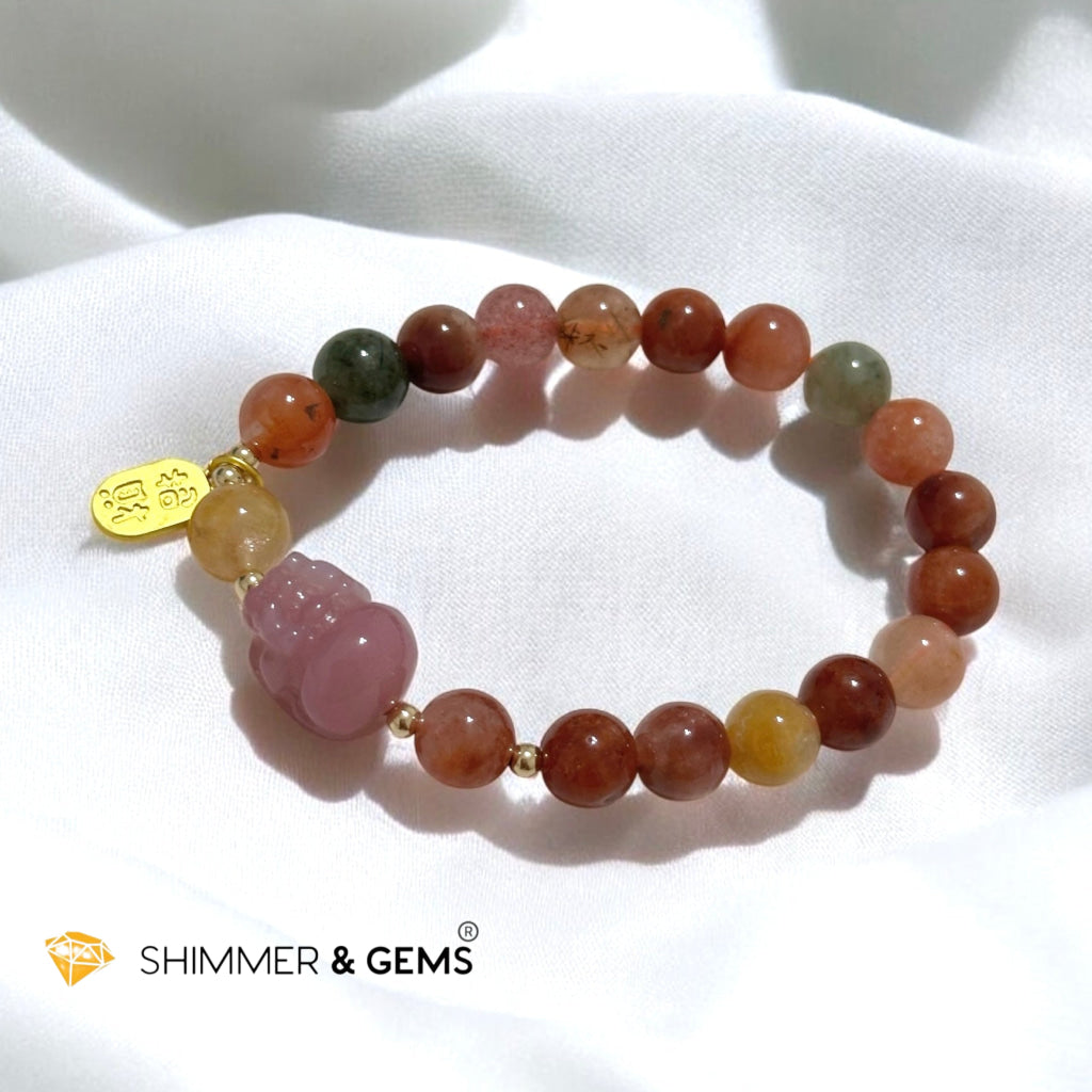 Attract Fortune Mixed Rutilated Quartz Bracelet with Pink Agate Pixiu, 14k gold beads and Copper Charm