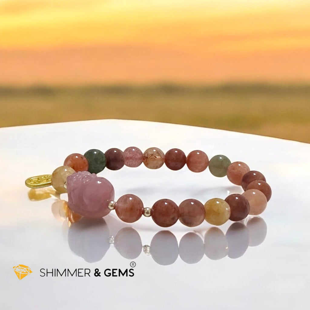 Attract Fortune Mixed Rutilated Quartz Bracelet with Pink Agate Pixiu, 14k gold beads and Copper Charm
