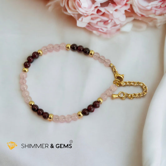 Attract Love 4mm Stainless Steel Remedy Bracelet (Rose Quartz & Garnet)Adjustable Size