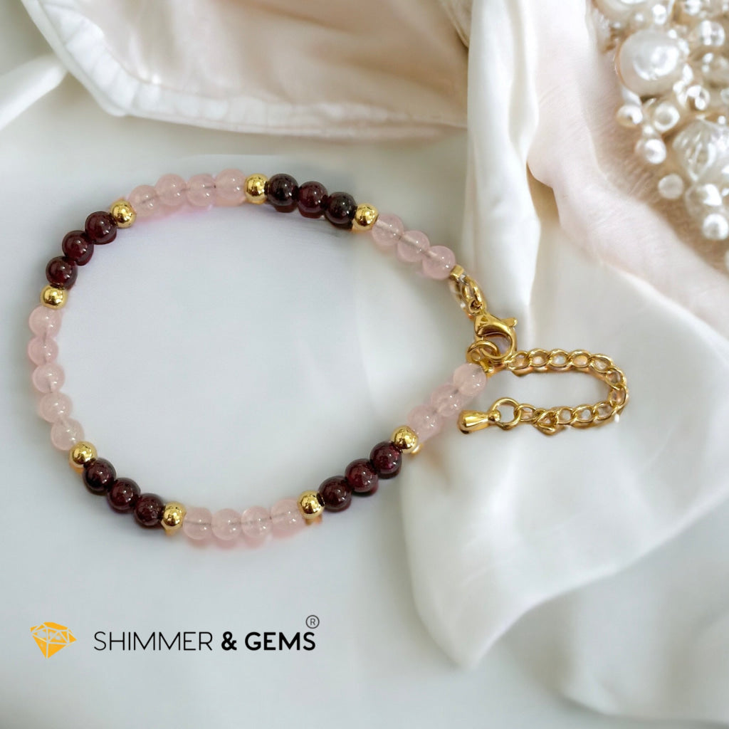 Attract Love 4mm Stainless Steel Remedy Bracelet (Rose Quartz & Garnet)Adjustable Size