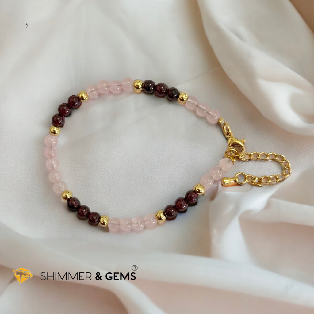 Attract Love 4mm Stainless Steel Remedy Bracelet (Rose Quartz & Garnet)Adjustable Size