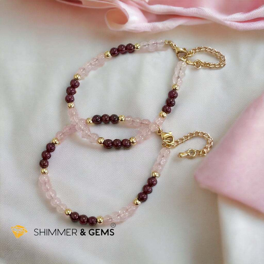 Attract Love 4mm Stainless Steel Remedy Bracelet (Rose Quartz & Garnet)Adjustable Size