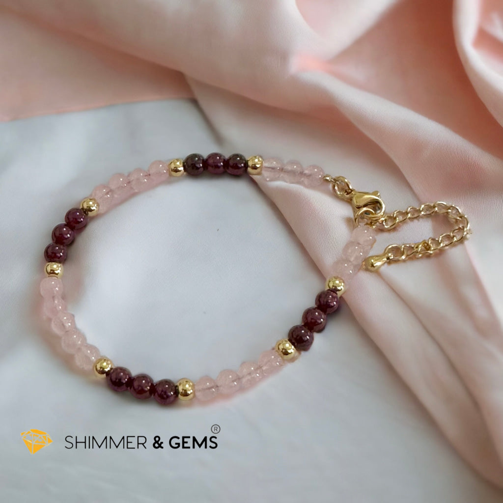 Attract Love 4mm Stainless Steel Remedy Bracelet (Rose Quartz & Garnet)Adjustable Size