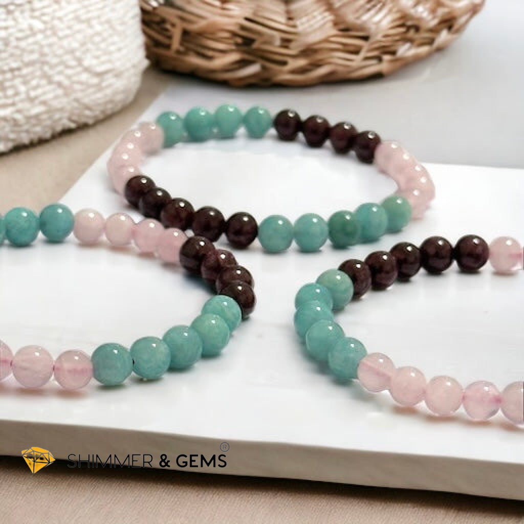 Aura Glow Remedy Bracelet (Madagascar Rose Quartz, Amazonite & Garnet 6mm)