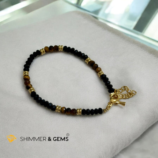 Aura Shield Bracelet
(Onyx & Tiger’s Eye 4mm Rondelle in Stainless Steel Adjustable Chain)