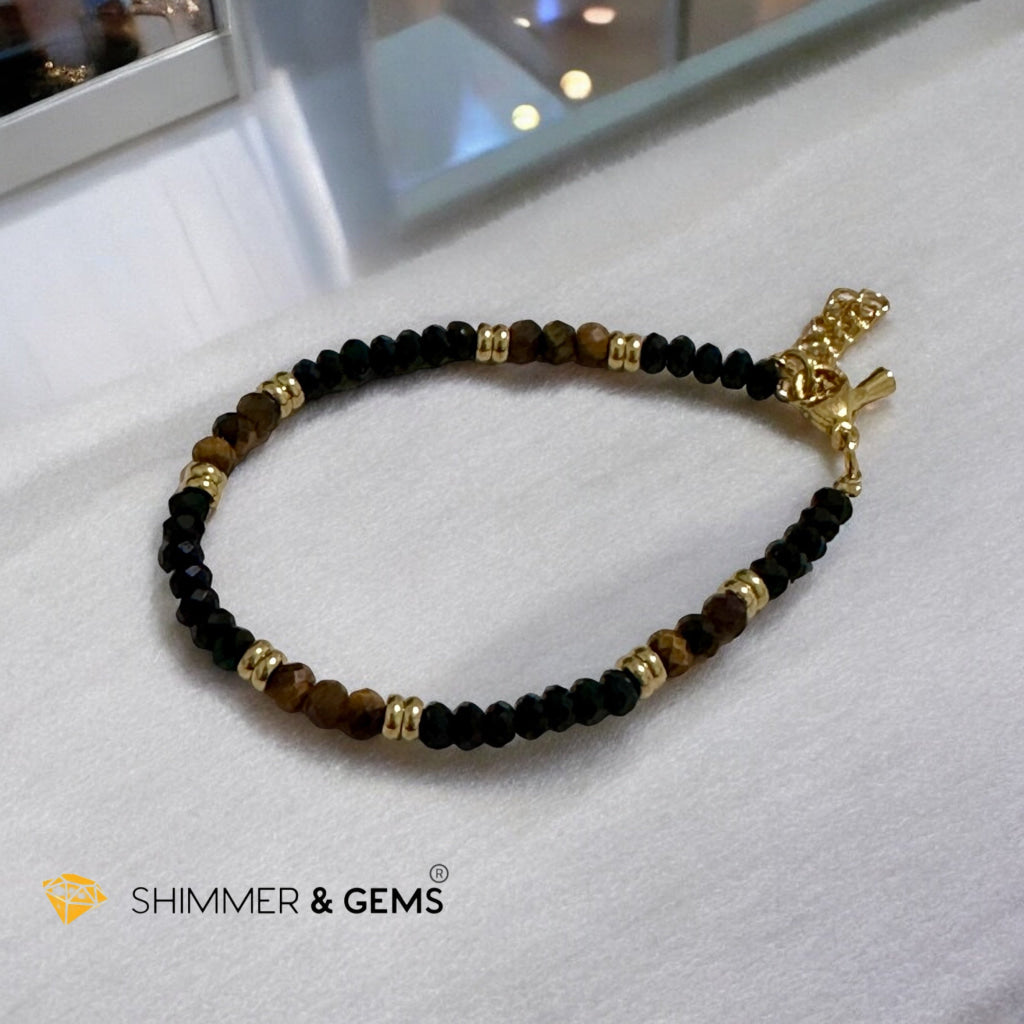 Aura Shield Bracelet
(Onyx & Tiger’s Eye 4mm Rondelle in Stainless Steel Adjustable Chain)