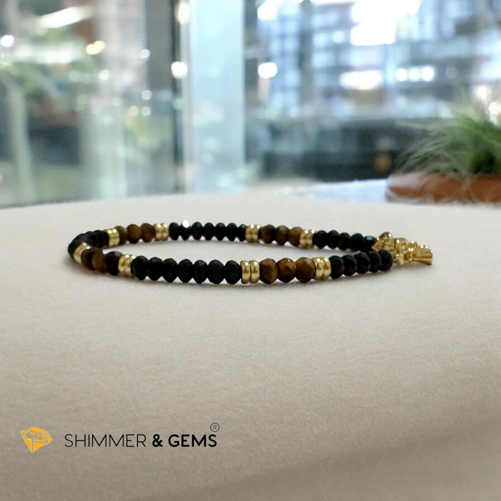 Aura Shield Bracelet
(Onyx & Tiger’s Eye 4mm Rondelle in Stainless Steel Adjustable Chain)