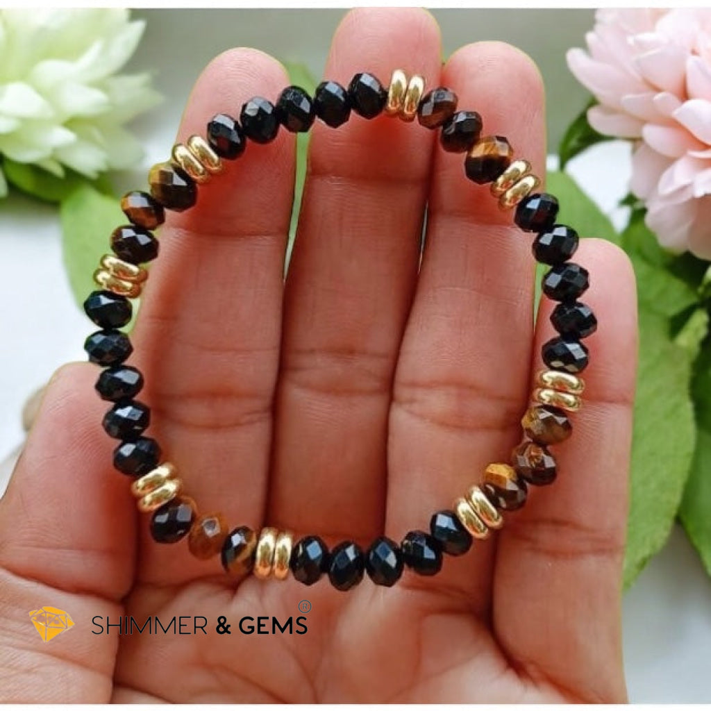 Aura Shield Bracelet (Tiger’s Eye & Black Tourmaline 4x6mm Rondelle) with stainless steel beads