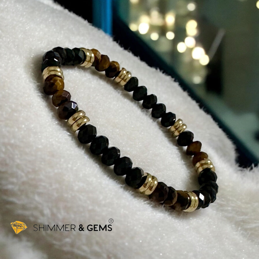 Aura Shield Bracelet (Tiger’s Eye & Black Tourmaline 4x6mm Rondelle) with stainless steel beads