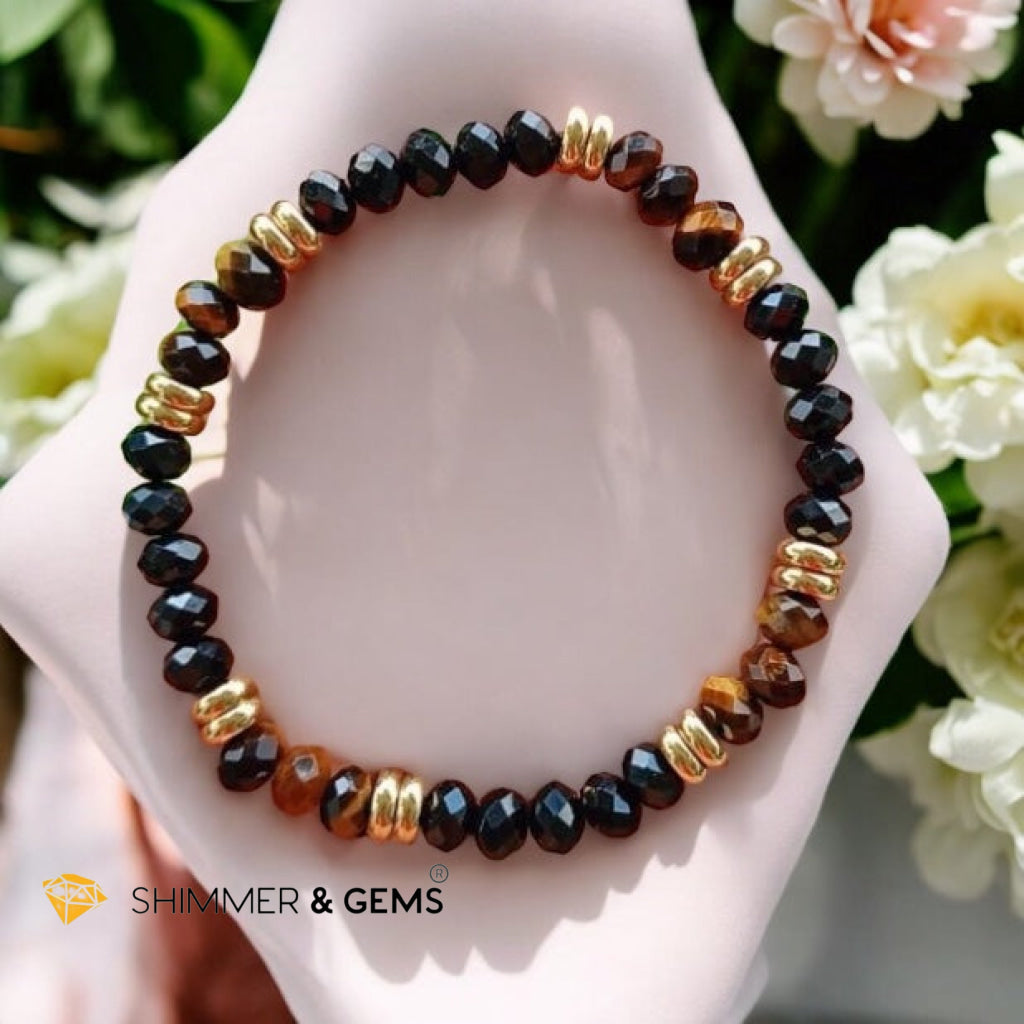 Aura Shield Bracelet (Tiger’s Eye & Black Tourmaline 4x6mm Rondelle) with stainless steel beads