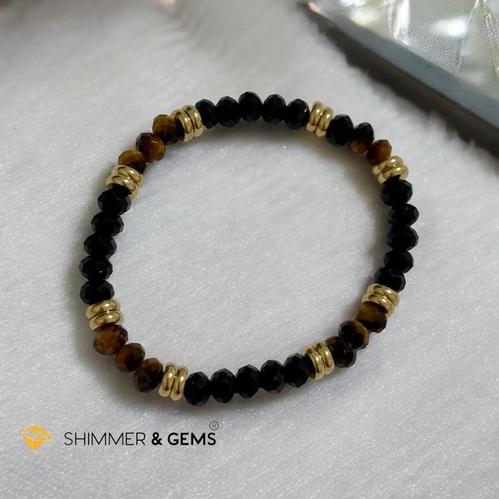 Aura Shield Bracelet (Tiger’s Eye & Black Tourmaline 4x6mm Rondelle) with stainless steel beads