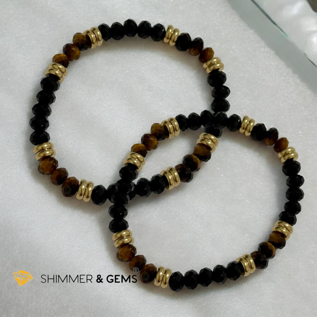 Aura Shield Bracelet (Tiger’s Eye & Black Tourmaline 4x6mm Rondelle) with stainless steel beads