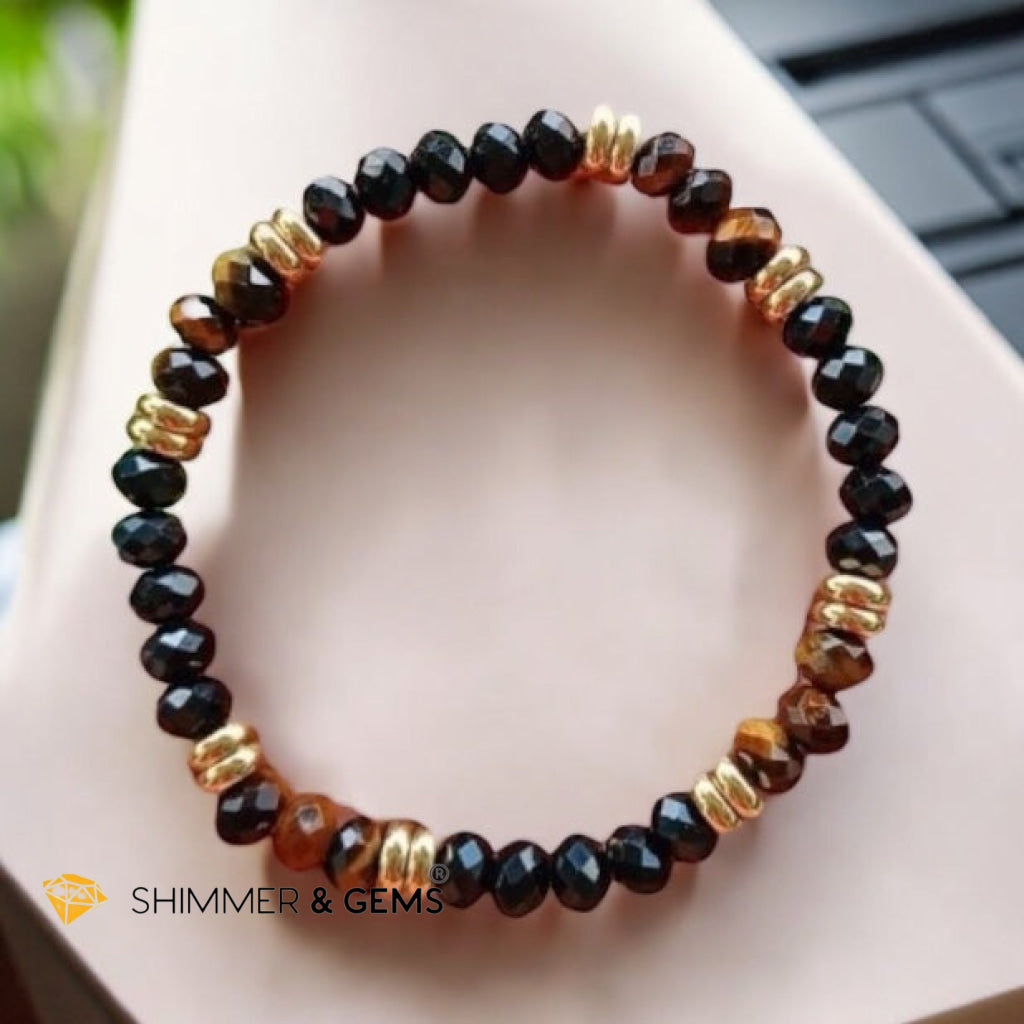 Aura Shield Bracelet (Tiger’s Eye & Black Tourmaline 4x6mm Rondelle) with stainless steel beads