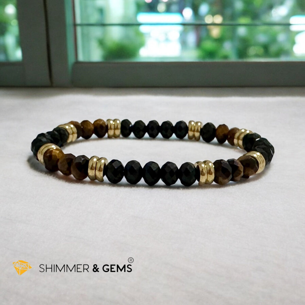 Aura Shield Bracelet (Tiger’s Eye & Black Tourmaline 4x6mm Rondelle) with stainless steel beads