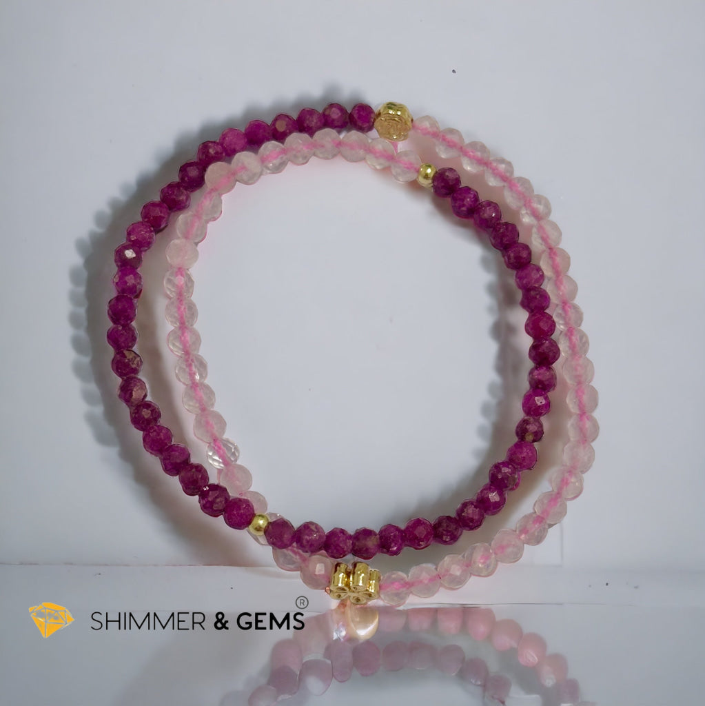 Beauty & Grace Infinity Double Bracelet (Ruby, Rose Quartz 4mm with 14k gold plated copper Lotus & Rose Charms)